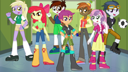 Size: 1000x563 | Tagged: safe, artist:ferrokiva, apple bloom, button mash, dinky hooves, pipsqueak, rumble, scootaloo, sweetie belle, equestria girls, ball, boots, clothes, cutie mark crusaders, equestria girls-ified, football, goggles, jacket, jeans, lockers, looking at you, pants, shirt, shoes, shorts, skirt, sports