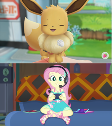 Size: 1001x1126 | Tagged: safe, edit, edited screencap, screencap, fluttershy, better together, equestria girls, game stream, cute, eevee, exploitable meme, gamer fluttershy, meme, pokémon, pokémon let's go pikachu! and let's go eevee!, shyabetes