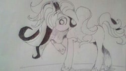 Size: 416x234 | Tagged: safe, artist:pinkiepienino, oc, oc only, pony, unicorn, grayscale, horn, lineart, monochrome, raised hoof, solo, traditional art, unicorn oc