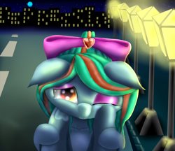 Size: 2312x2000 | Tagged: safe, artist:tranvybang123456789, oc, pony, bow, cheek squish, city, crying, frog (hoof), hair bow, light, night, offscreen character, one eye closed, pov, squishy cheeks, teary eyes, underhoof, wink