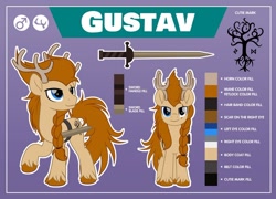 Size: 800x575 | Tagged: safe, artist:jhayarr23, oc, oc:gustav, deer, deer pony, original species, pony, male, reference sheet, solo, sword, weapon