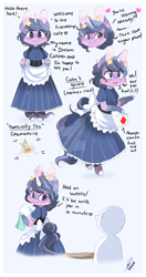 Size: 800x1511 | Tagged: safe, artist:ipun, oc, oc only, oc:dream catcher, anthro, unguligrade anthro, unicorn, anthro oc, arm hooves, bipedal, cheek fluff, chibi, clothes, deviantart watermark, dress, ear fluff, female, first aid kit, food, friendship cafe, maid, mare, obtrusive watermark, shoes, solo, tea, watermark