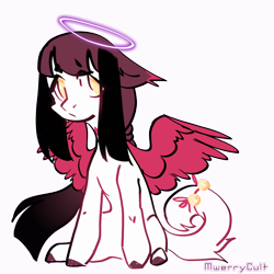 Size: 1000x1000 | Tagged: safe, artist:mwerrycult, oc, oc only, hybrid, bells, colored hooves, ear fluff, eye clipping through hair, female, halo, signature, simple background, solo, transparent background, unnamed oc, wings