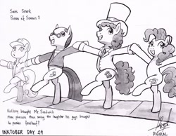 Size: 1024x796 | Tagged: safe, artist:digiral, derpibooru import, cheese sandwich, pinkie pie, earth pony, pony, the last laugh, background pony, bipedal, clothes, conveyor belt, dancing, dialogue, female, glasses, hard hat, hat, ink drawing, inktober, line dancing, male, mare, monochrome, pun twirl, sans smirk, signature, stallion, suit, top hat, traditional art