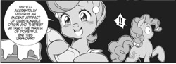 Size: 621x227 | Tagged: safe, derpibooru import, seven seas, cup cake, pinkie pie, earth pony, pony, my little pony: the manga, black and white, cake, duo, female, food, grayscale, icing bag, manga, mare, monochrome, smartest pony in town, sugarcube corner