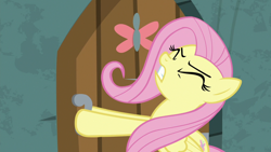 Size: 1920x1080 | Tagged: safe, derpibooru import, screencap, angel bunny, fluttershy, pegasus, pony, she talks to angel, body swap, eyes closed, female, gritted teeth, mare, pulling, straining