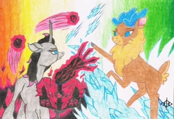 Size: 1280x876 | Tagged: safe, artist:assertiveshypony, fhtng th§ ¿nsp§kbl, oleander, velvet reindeer, classical unicorn, deer, reindeer, unicorn, them's fightin' herds, abstract background, bearly pony related, cloven hooves, community related, duo, female, ice, leonine tail, magic, simple background, traditional art, unshorn fetlocks