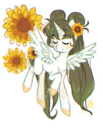 Size: 658x811 | Tagged: safe, artist:kino-ta, oc, oc only, oc:golden green, alicorn, pony, female, flower, flower in hair, mare, simple background, solo, sunflower, white background