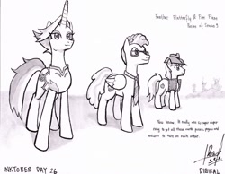 Size: 1024x796 | Tagged: safe, artist:digiral, braeburn, feather flatterfly, fire flare, earth pony, pegasus, pony, unicorn, the summer sun setback, female, inktober, male, monochrome