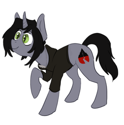 Size: 1273x1280 | Tagged: safe, artist:august, pony, unicorn, clothes, commission, disguise, disguised siren, fangs, happy, jewelry, kellin quinn, male, necklace, ponified, raised hoof, shirt, simple background, sleeping with sirens, slit eyes, smiling, solo, stallion, t-shirt, white background, ych result