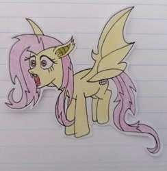 Size: 547x561 | Tagged: safe, artist:agirlwholovesmlp, derpibooru import, fluttershy, bat pony, bat ponified, female, flutterbat, flying, lined paper, mare, open mouth, race swap, shocked, solo, spread wings, traditional art, wings