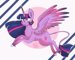 Size: 1280x1024 | Tagged: safe, artist:compassrose0425, artist:inkwellartz, derpibooru import, twilight sparkle, twilight sparkle (alicorn), alicorn, pony, blushing, chest fluff, colored wings, colored wingtips, female, flying, leonine tail, mare, smiling, solo, unshorn fetlocks