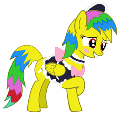 Size: 3000x3000 | Tagged: safe, oc, oc only, pegasus, pony, blushing, clothes, cutie mark, maid, mane, oc glowing stars, photo, red eyes, simple background, teeth, tooth, white background, wings, yellow