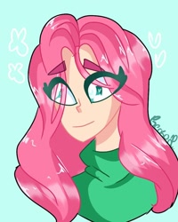 Size: 768x960 | Tagged: safe, artist:geckoland9, derpibooru import, fluttershy, human, bust, clothes, eye clipping through hair, female, green background, humanized, signature, simple background, solo