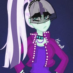 Size: 768x768 | Tagged: safe, artist:geckoland9, coloratura, equestria girls, bust, choker, clothes, countess coloratura, eyelashes, female, hand on hip, makeup, purple background, see-through, signature, simple background, solo, veil