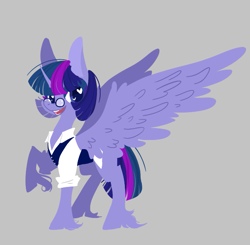 Size: 629x616 | Tagged: safe, artist:trainerfairy, derpibooru import, twilight sparkle, twilight sparkle (alicorn), alicorn, pony, alternate hairstyle, clothes, glasses, gray background, heart eyes, shirt, simple background, smiling, solo, unshorn fetlocks, vest, wingding eyes