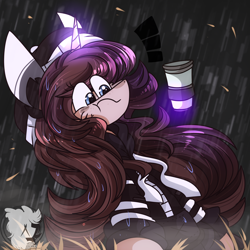 Size: 2200x2200 | Tagged: safe, artist:jxst-starly, oc, oc only, oc:lillie belle, unicorn, clothes, coffee, coffee cup, cup, fog, grass, hoodie, horn, leaves, magic, next generation, rain, unicorn oc