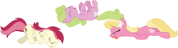 Size: 13875x3771 | Tagged: safe, artist:wissle, daisy, flower wishes, lily, lily valley, roseluck, earth pony, pony, applebuck season, absurd resolution, fainted, female, flower trio, lying, lying down, mare, on back, playing dead, simple background, the horror, tongue out, transparent background, vector