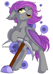 Size: 1600x2264 | Tagged: safe, artist:julunis14, oc, oc only, oc:bazalt, bat pony, bat pony oc, bat wings, one eye closed, pickaxe, simple background, smiling, solo, transparent background, wings, wink