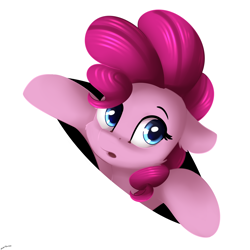 Size: 2500x2500 | Tagged: safe, artist:shido-tara, derpibooru import, pinkie pie, earth pony, pony, canon, cute, diapinkes, female, fourth wall, pinkie being pinkie, simple background, solo, white background, worried