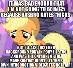 Size: 1015x941 | Tagged: safe, derpibooru import, edit, edited screencap, screencap, applejack, earth pony, pony, hearthbreakers, my little pony: pony life, background pony applejack, caption, cropped, crying, image macro, sad, solo, text