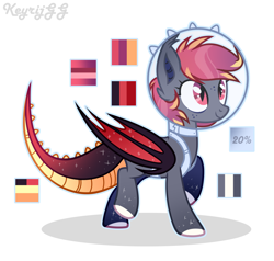 Size: 2000x1900 | Tagged: safe, artist:keyrijgg, oc, oc only, bat pony, hybrid, bat pony oc, bat wings, colored hooves, dragon tail, ear fluff, female, helmet, multicolored hair, reference sheet, signature, simple background, slit eyes, smiling, solo, unnamed oc, white background, wings
