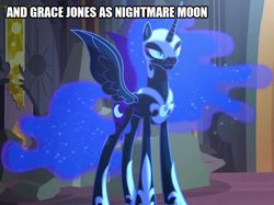 Size: 670x500 | Tagged: safe, edit, edited screencap, screencap, nightmare moon, alicorn, pony, friendship is magic, ethereal mane, female, grace jones, helmet, hoof shoes, look-alike, mare, peytral, starry mane