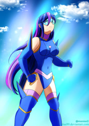 Size: 495x700 | Tagged: safe, artist:tirius99, derpibooru import, twilight sparkle, human, clothes, humanized, leotard, magic gaia, superhero