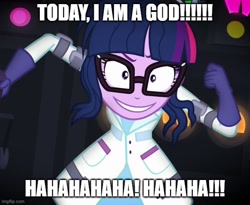 Size: 610x500 | Tagged: safe, derpibooru import, sci-twi, twilight sparkle, eqg summertime shorts, equestria girls, mad twience, a god am i, caption, evil grin, evil laugh, grin, i am a god, image macro, insanity, laughing, mad scientist, medic, scream fortress, smiling, team fortress 2, text, this will end in science