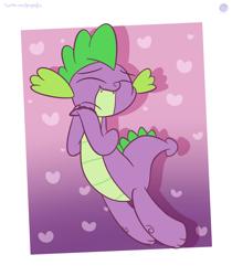Size: 2739x3253 | Tagged: safe, artist:kimjoman, spike, dragon, abstract background, cute, cute little fangs, eyes closed, fangs, happy, heart, high res, male, smiling, solo, spikabetes