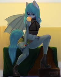 Size: 4000x5000 | Tagged: artist needed, safe, oc, oc:midnight dagger, anthro, bat pony, boots, bubblegum, clothes, daisy dukes, erect nipples, female, fishnets, food, gum, harness, high heel boots, midriff, nipple outline, shoes, shorts, solo, tack, tattoo