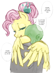 Size: 950x1293 | Tagged: safe, artist:saby, derpibooru import, fluttershy, oc, oc:anon, human, pegasus, pony, /mlp/, 4chan, clothes, colored sketch, comforting, dialogue, drawthread, eyes closed, feels, female, hug, male, mare, older, older fluttershy, ponified, ponified scene, shirt, simple background, speech bubble, text, wholesome, winghug