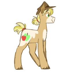 Size: 1080x1080 | Tagged: safe, artist:ff0000, derpibooru import, applejack, earth pony, pony, alternate cutie mark, alternate design, alternate hairstyle, female, mare, piebald colouring, short tail, simple background, smiling, solo, unshorn fetlocks, white background