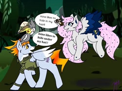Size: 1080x809 | Tagged: safe, artist:cosmickitty.draws, oc, oc only, bird, cat, pegasus, pony, clothes, cockatiel, dialogue, ethereal mane, female, flying, forest, hat, hiding, looking back, male, mare, open mouth, outdoors, pegasus oc, pith helmet, signature, smiling, stallion, starry mane, tree, wings