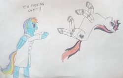 Size: 3042x1928 | Tagged: safe, artist:überreaktor, oc, oc:blackjack, oc:morning glory (project horizons), pegasus, pony, unicorn, fallout equestria, fallout equestria: project horizons, angry, clothes, confused, cyber legs, fanfic art, horn, lab coat, not rainbow dash, small horn, swearing, throwing, traditional art, vulgar, yeet, yelling
