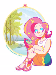 Size: 1836x2453 | Tagged: safe, artist:tie-dye-flag, artist:tietoons, derpibooru import, fluttershy, human, clothes, cute, dress, ear piercing, earring, female, flower, flower in hair, humanized, jewelry, no more ponies at source, piercing, sandals, shyabetes, sitting, skirt, smiling, solo