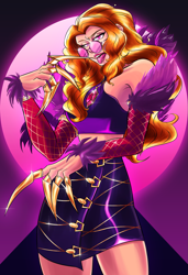 Size: 1383x2026 | Tagged: safe, artist:mandy1412, adagio dazzle, equestria girls, alternate hairstyle, claws, clothes, cosplay, costume, evelynn, female, fingernails, jewelry, k/da, league of legends, midriff, necklace, purple eyes, skirt, sunglasses, tongue out, video game crossover