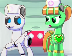 Size: 1280x998 | Tagged: safe, artist:trackheadtherobopony, oc, oc:engel, oc:goldheart, pony, robot, robot pony, nurse