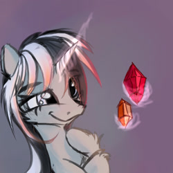 Size: 1600x1600 | Tagged: safe, artist:aurelleah, oc, oc only, oc:seren starfall, unicorn, aurelleah's fluffy sketchpones, cheek fluff, colored sketch, female, fluffy, focus, gem, gemstones, happy, hoof fluff, levitation, looking at something, magic, mare, simple background, sketch, smiling, solo, squint, telekinesis