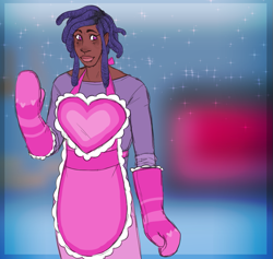 Size: 829x785 | Tagged: safe, artist:cottoncloudy, oc, oc only, oc:frosty cake, earth pony, human, apron, clothes, dark skin, dreadlocks, dyed hair, humanized, humanized oc, mittens, shirt, simple background, skirt, solo, sparkles, trans, trans girl