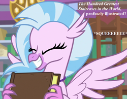 Size: 924x720 | Tagged: safe, edit, edited screencap, screencap, silverstream, what lies beneath, book, cropped, cute, diastreamies, irrational exuberance, library, smiling, squee, talking, that hippogriff sure does love stairs