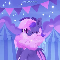 Size: 1221x1221 | Tagged: safe, artist:sonnatora, oc, oc only, oc:midnight mist, bat pony, pony, cotton candy, solo