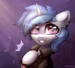 Size: 1652x1500 | Tagged: safe, artist:reterica, oc, oc only, pony, unicorn, abstract background, bust, clothes, commission, ear piercing, earring, eye clipping through hair, female, jacket, jewelry, looking at you, mare, piercing, portrait, smiling, solo