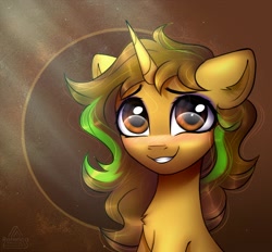 Size: 2000x1856 | Tagged: safe, artist:reterica, oc, oc only, oc:awkward dork, unicorn, abstract background, blushing, chest fluff, commission, crepuscular rays, eyeliner, femboy, looking at you, makeup, male, smiling, solo, stallion