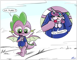 Size: 3300x2550 | Tagged: safe, artist:loreto-arts, princess flurry heart, spike, alicorn, dragon, pony, blushing, clothes, cute, dialogue, female, filly, flurrybetes, male, pocket, pocket pony, shirt, smiling, smol, spread wings, squeak, tongue out, uncle spike, winged spike, wings