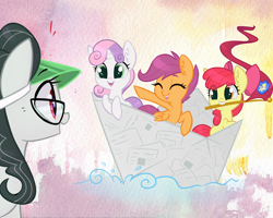 Size: 2738x2190 | Tagged: safe, artist:meekcheep, apple bloom, scootaloo, sweetie belle, oc, boat, cutie mark crusaders, flag, mouth hold, newspaper, paper boat