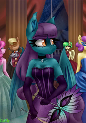 Size: 3500x5000 | Tagged: safe, artist:irinamar, oc, oc only, oc:blue moon (donin), anthro, bat pony, ascot, bare shoulders, bat ears, bat pony oc, bat wings, black choker, bodice, breasts, cape, champagne glass, choker, cleavage, clothes, commission, domino mask, dress, ear fluff, ear piercing, earring, evening gloves, female, gloves, hair tie, jewelry, long gloves, looking sideways, looking to side, looking to the right, masquerade (event), masquerade mask, nervous, orange eyes, piercing, purple bodice, purple dress, purple gloves, purple mane, purple tail, side slit, signature, slit eyes, solo focus, spread wings, standing, teal coat, wings, ych result