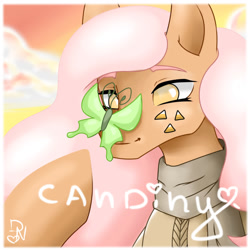 Size: 1024x1024 | Tagged: safe, artist:dark_nidus, derpibooru exclusive, oc, oc:candiny, butterfly, earth pony, pony, blind, clothes, female, mare, scarf, simple background, solo