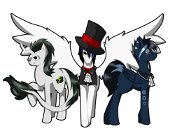 Size: 4000x3000 | Tagged: safe, artist:tomat-in-cup, oc, oc only, pegasus, pony, unicorn, clothes, hair over one eye, hat, horn, leonine tail, pegasus oc, raised hoof, simple background, smiling, spread wings, top hat, transparent background, unicorn oc, wings