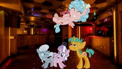 Size: 1920x1089 | Tagged: safe, editor:thor-disciple, cozy glow, diamond tiara, silver spoon, snails, earth pony, pegasus, pony, unicorn, dancing, nightclub, sugerlump bump